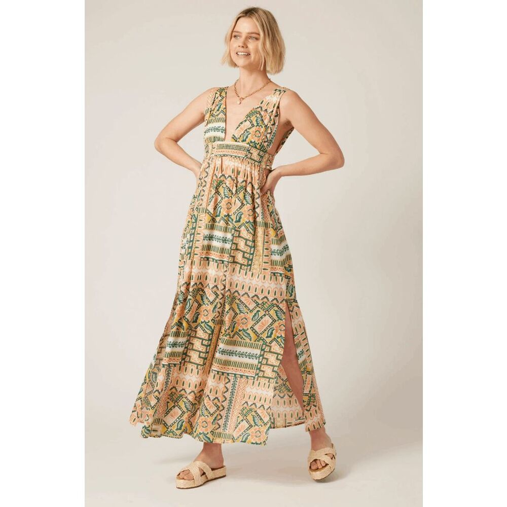 Bila77 Sophia Dress Womens Large Cutouts Slits Deep V Smocked Waist Boho #J - Picture 2 of 11